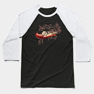 Enigmatic Escargots: Spooky Art Print Featuring Red Snail Donning Raven Skull Shell Baseball T-Shirt